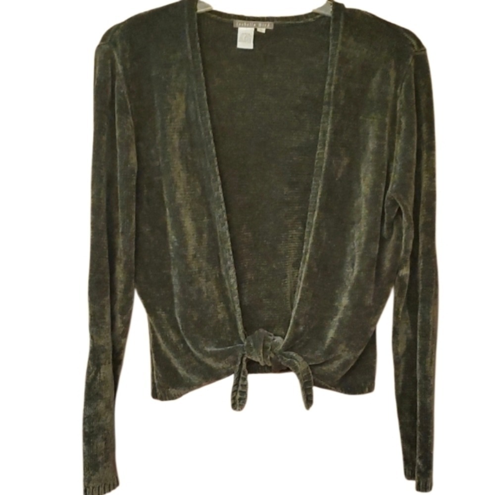 Isabella Bird Womans Green Chenille Open Front Tie Sweater‎ Cardigan Size Large